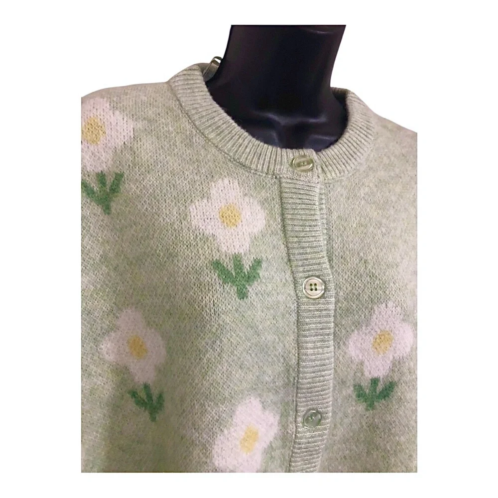 Jessica Simpson‎ mint green white yellow flower chunky cardigan size medium new